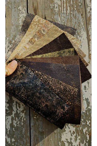 10 Selected leather scraps, GOLD and BROWN colors, printed and foils various, mix selection leather remnants as per pictures