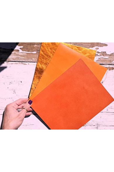 Precut leather scraps, 3 solid color, orange, mix selection leather pieces as per pictures, very soft 8x10" / 20x25 cm