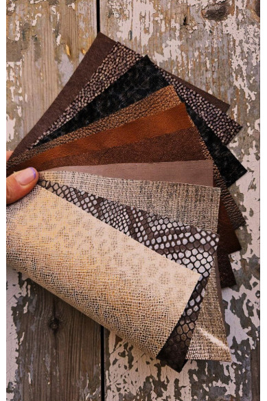 10 Selected leather scraps, PLATINUM and BROWN colors, printed and foils various, mix selection leather remnants as per pictures