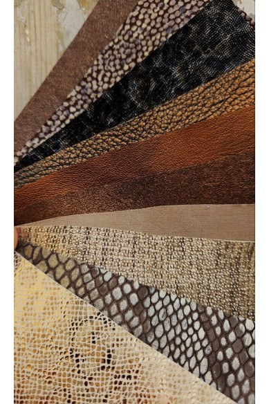 10 Selected leather scraps, PLATINUM and BROWN colors, printed and foils various, mix selection leather remnants as per pictures