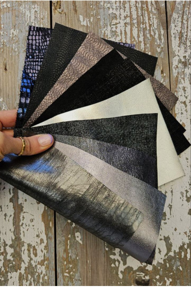 Dark shades leather scraps, Black and Steel Grey renmants skins – Printed Patterned Mix, Unique Dark OFFCUTS Pieces
