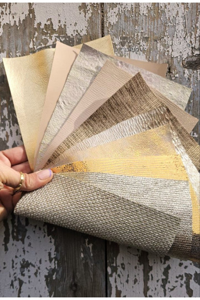 10 Selected leather scraps, GOLD, PLATINUM and CREAM tones, printed and foils various, mix selection leather remnants as per pic