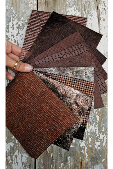 10 Selected Leather Scraps in Rich Earth Tones, Mixed Prints and Textures, Assorted Remnants
