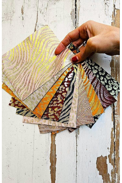 10 Ritagli di pellami unici selezionati, stampa ANIMALIER,  pezzi di pelle assortimento mix di fantasie come da foto