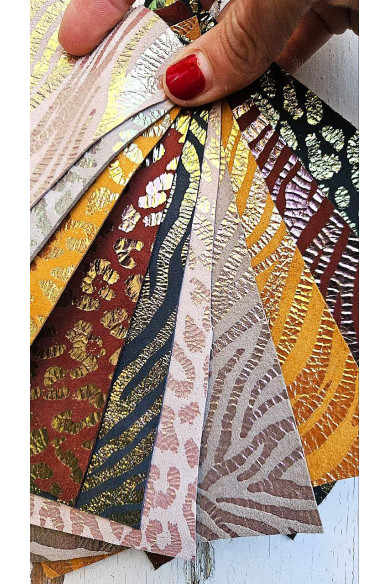 10 Ritagli di pellami unici selezionati, stampa ANIMALIER,  pezzi di pelle assortimento mix di fantasie come da foto