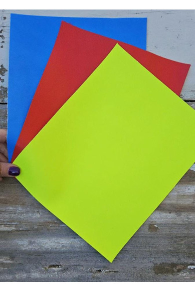 3 Selected leather pieces, fluo yellow, red and blue colors, selection of leather remnants as per pictures  10x8" /25x20 cm