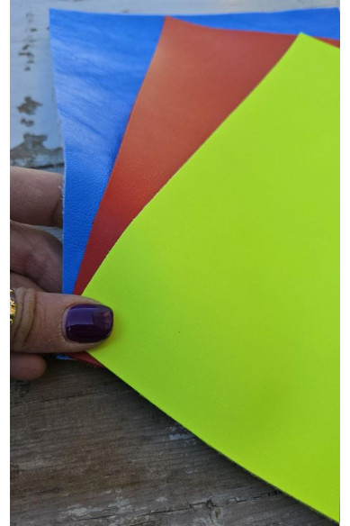 3 Selected leather pieces, fluo yellow, red and blue colors, selection of leather remnants as per pictures  10x8" /25x20 cm