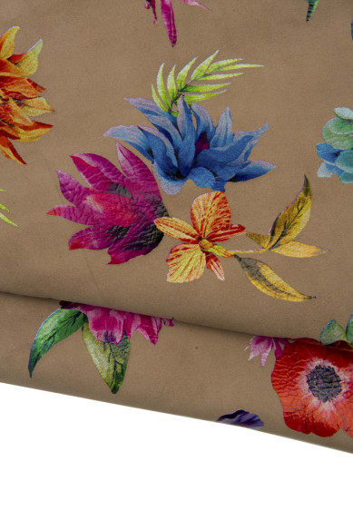 Pelle FIORATA su base camoscio taupe, capra SCAMOSCIATA stampa floreale multicolor, pellame per hobbisti