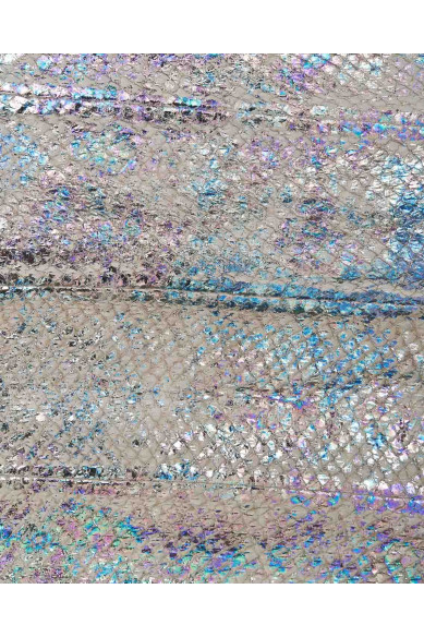 Pellame color grigio chiaro laminato OLEOGRAFICO, pelle bandina di SALMONE metallizzata multicolor, morbida