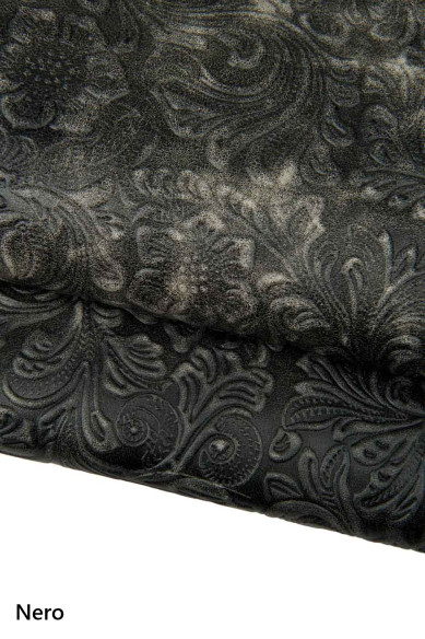 Pelle stampa FLOREALE grigio e nero, vitello invecchiato/consumato pelle CHARRO vintage effetto "sbiancato"