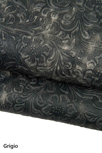 Pelle stampa FLOREALE grigio e nero, vitello invecchiato/consumato pelle CHARRO vintage effetto "sbiancato"