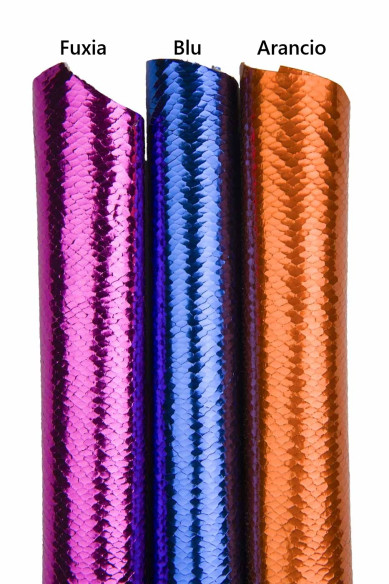 Pelle PITONE arancione, fuxia, blu elettrico - capra LAMINATA stampa serpente, pellame per fai da te