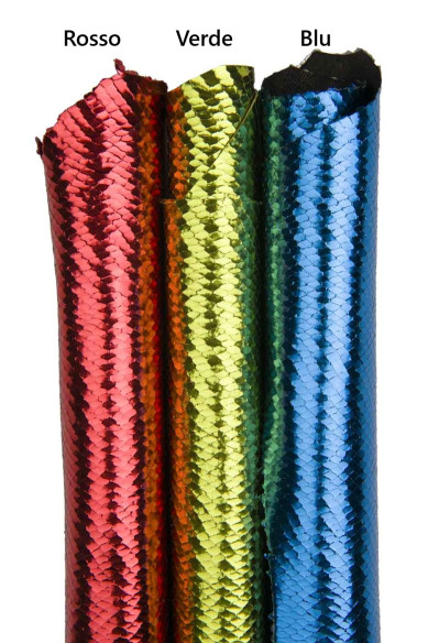 Pellami PITONATI LAMINATI - capra rossa verde blu stampata serpente, pelle lucida per fai da te