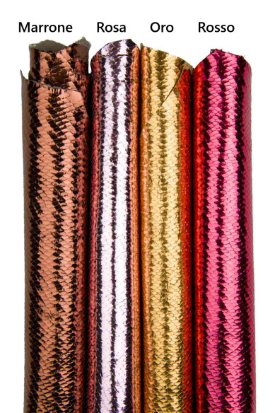 Pellami PITONATI LAMINATI, capra metallizzata stampa serpente rettile rosa, oro, rosso scuro, marrone