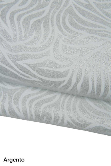 Pelle stampa ZEBRA LAMINATA, pellame CROSTA scamosciata, vitello bianco stampa animalier glitter platino e argento