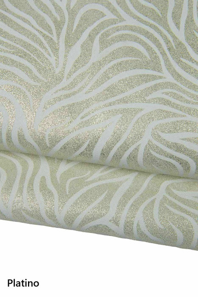 METALLIC ZEBRA printed leather hide, light gold/silver glittered animal texture on white suede calfskin