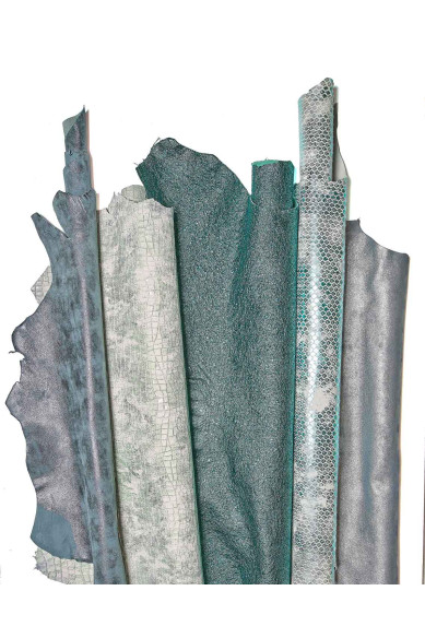 5 Pelli intere in palette verde e blu, assortimento CASUALE, mix di fantasie e stampe per l'artigianato