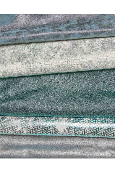 5 Full Leather skins green, blue tones, RANDOM assortment, metallic printed goatskins, crafting leather bundles