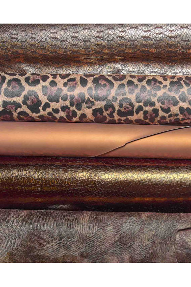 Bundle of 5 bronze and brown leather skins, RANDOM assortment, metallic textured soft matching goatskins for crafting