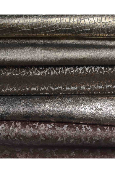 Lotto di 5 pelli acciaio, bronzo e bordeaux, assortimento CASUALE, pellami laminati stampe cocco, leopardo, camouflage