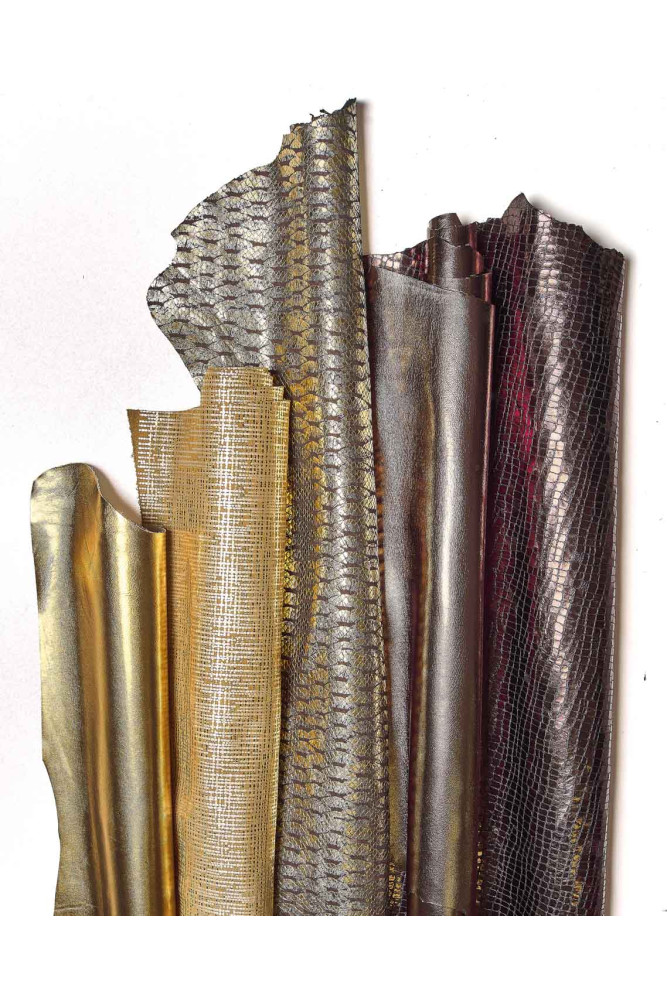 5 GOLD BRONZE assorted leather skins,...