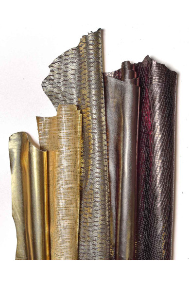 5 Pelli assortite ORO BRONZO, pellami di capra laminati stampati abbinati come da foto, ideali per fai da te