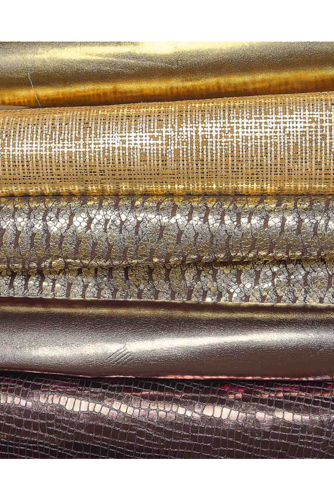 5 GOLD BRONZE assorted leather skins,...