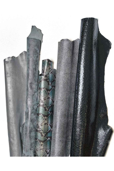 Assortment of 5 blu, turquoise matching leather skins, RANDOM assortment, bundle of suede metallic goatskins - various prints