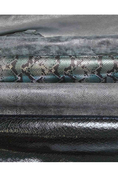 Assortment of 5 blu, turquoise matching leather skins, RANDOM assortment, bundle of suede metallic goatskins - various prints