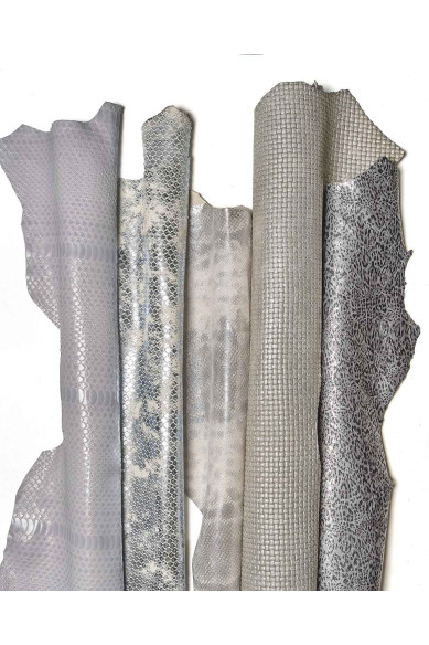 Set of 5 grey silver light blue goatskin leathers, animal printed metallic selected skins as per pictures