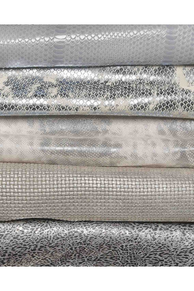 Set of 5 grey silver light blue goatskin leathers, animal printed metallic selected skins as per pictures