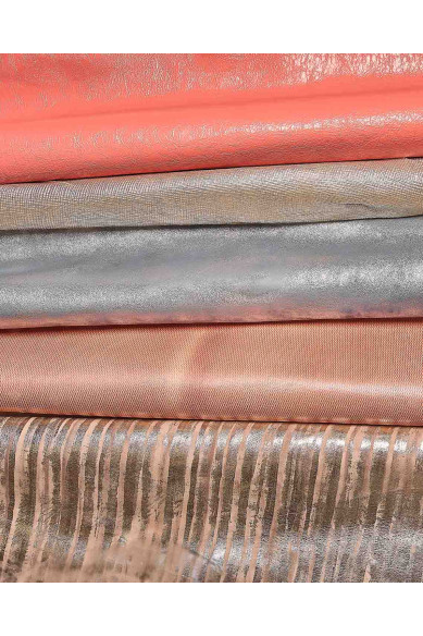 Lotto di 5 pelli intere rosa e platino, assortimento CASUALE, pellami di capra laminati stampati morbidi per fai da te