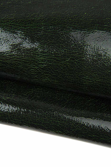 Pellame LUCIDO stampa CRACKLE nero- verde, vitello sportivo morbido, pelle vintage per fai da te