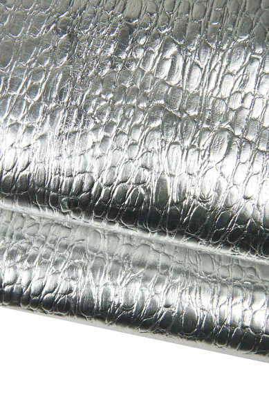 Pelle COCCODRILLO ARGENTO, vitello laminato stampato, pellame metallizzato per artigiani