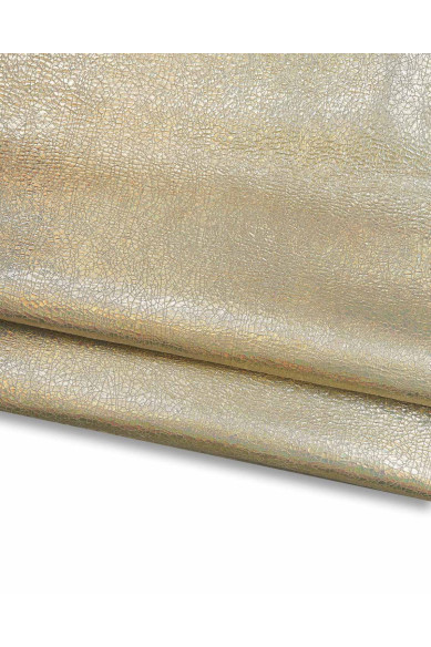 Light gold HOLOGRAPHIC leather skin, crackled printed metallic goatskin, metallic soft hide for DIY projects
