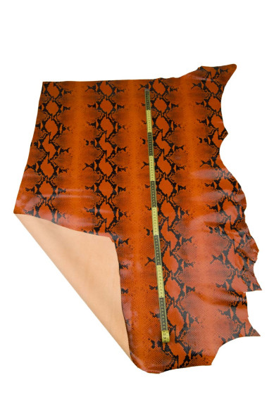 Orange PYTHON printed cowhide, GLOSSY soft snake calfskin, reptile texture on luxurious leather hide