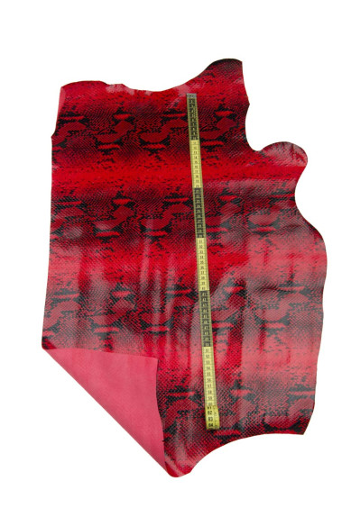 Red black PYTHON leather hide, snake printed GLOSSY calfskin, reptile printed soft cowhide, 0.7 - 0.9 mm