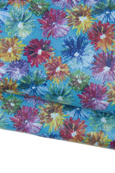 Multicolor FLORAL leather skin, COLORFUL flower print on blue suede calfskin, glossy cowhide ideal for diy projects