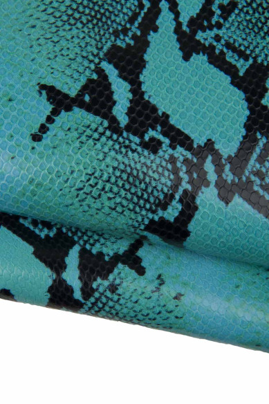 Turquoise PYTHON textured leather hide, top quality glossy soft calfskin, SNAKE printed cowhide for hobbyists