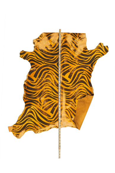 ZEBRA textured hair on leather hide, yellow - brown animal pattern on pony calfskin, distressed BLEACHED soft cowhide