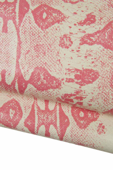 Pink - cream REPTILE leather hide, PYTHON snake printed cowhide, glossy soft textured calfskin for hobbyists