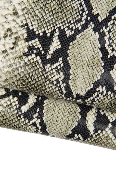 ROCK PYTHON leather hide, black - grey reptile snake calfskin, glossy textured cowhide for DIY creations