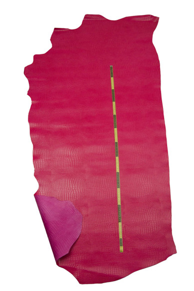 Magenta red CROCODILE leather hide, ALLIGATOR printed luxurious cowhide, top quality semi glossy embossed calfskin