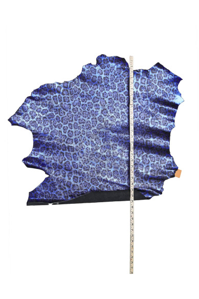 Pelle LEOPARDO blu/nero, capra laminata STROPICCIATA stampa animalier ghepardo, pellame metallizzato morbido