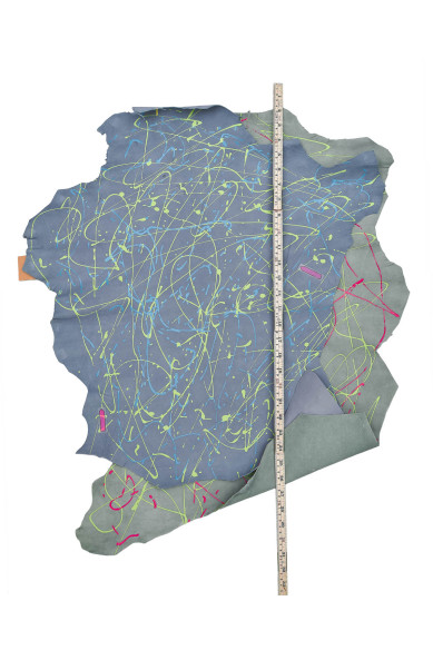 Splash print on suede leather skin, grey and green HAND decorated goatskins, POLLOCK textured hides for hobbyists