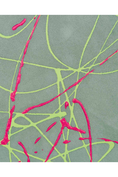 Pellami stampa SCHIZZO decorati a MANO, capra scamosciata grigio e verde motivo pollock, pelli per artigiani