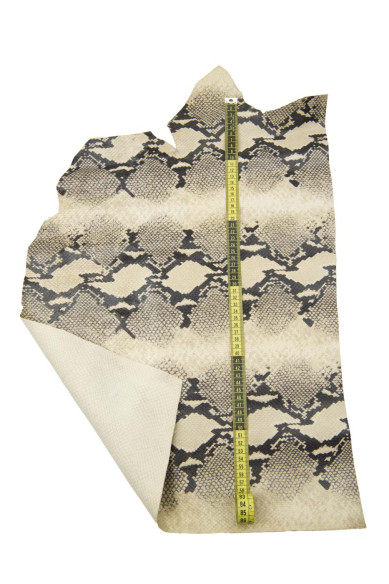 ROCK PYTHON leather hide, semi glossy SNAKE textured cowhide, black - grey - beige reptile printed calfskin for hobbyists
