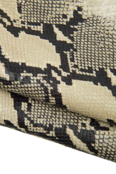 ROCK PYTHON leather hide, semi glossy SNAKE textured cowhide, black - grey - beige reptile printed calfskin for hobbyists
