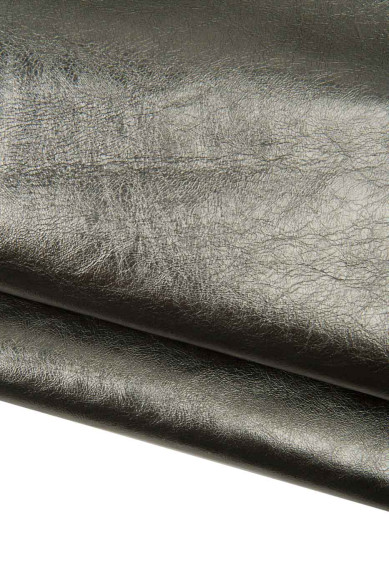 Pellame LAMINATO acciaio, vitello metallizzato grigio, pelle STROPICCIATA lucida per fai da te