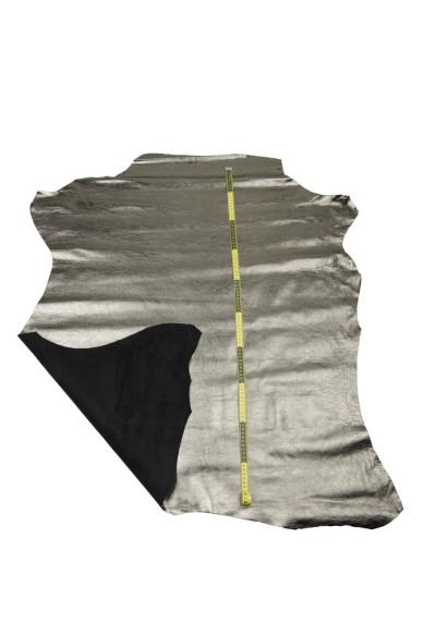 Steelmetal leather hide, graphite grey METALLIC cowhide, glossy WRINKLED calfskin for DIY projects